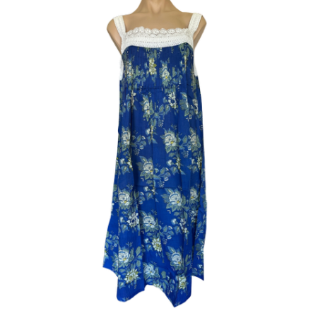 Arabella Nightie | Pin Tucked Lace Royal Blue Floral Print 100% Pure Cotton Voile