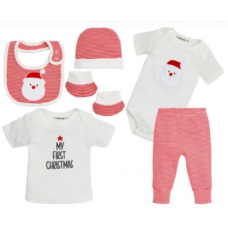 Gem Look 100% Organic Cotton 6 Piece Gift Boxed Baby Set for 0 to 6 Months | Red & White Santa