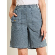 Ladies Victoria Hill Soft Retro Inspired Stretch Waist Shorts | Light Denim Stripe