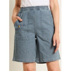 Ladies Victoria Hill Soft Retro Inspired Stretch Waist Shorts | Light Denim Stripe Ladies Victoria Hill Soft Retro Inspired Stretch Waist Shorts | Light Denim Stripe