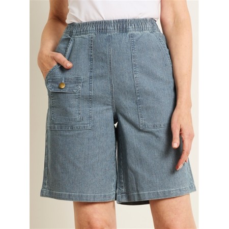 Ladies Victoria Hill Soft Retro Inspired Stretch Waist Shorts | Light Denim Stripe