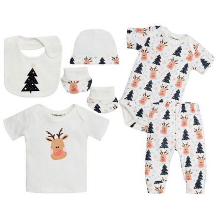 Gem Look 100% Organic Cotton 6 Piece Gift Boxed Baby Set for 0 to 6 Months | Cream Reindeer