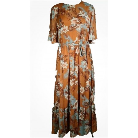 Ladies Anko Brand Short Sleeve Tie Waist Long Ruffle Dress | Tropical