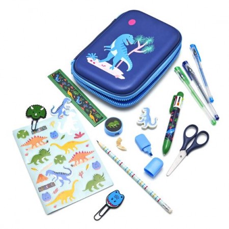 JoyUp Brand Blue Dinosaur Hard Shell Pencil Case 14 Piece Set