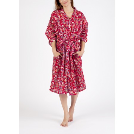 Arabella Robe | Red Floral Dressing Gown Robe 100% Pure Cotton Voile