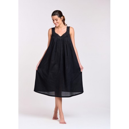 Arabella Nightie |  V-Neck Laced Black (Hail Spot) 100% Pure Cotton Voile