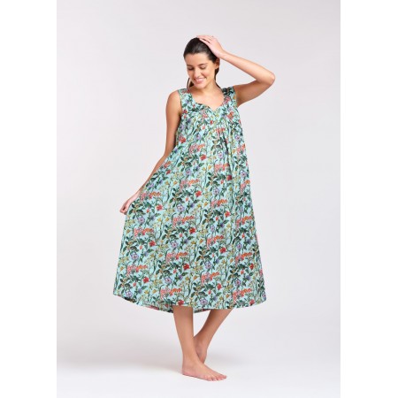 Arabella Nightie | V Neck Long Aqua Floral 100% Pure Cotton Voile