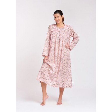 Arabella Nightie | Ruffle Neck Long Sleeve Pink Floral 100% Pure Cotton Voile