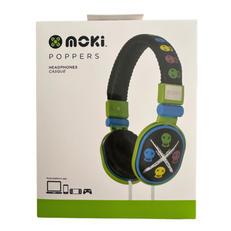 Moki Poppers Kids Over Ear Headphones | Black Skulls