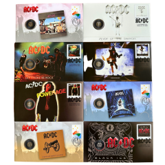 Set of 8 AC/DC Album Commemorative Postal Numismatic Cover Coin & Stamp Folder Sets Limited Release