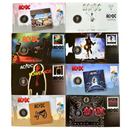 Set of 8 AC/DC Album Commemorative Postal Numismatic Cover Coin & Stamp Folder Sets Limited Release