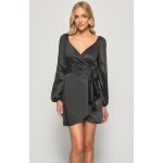 STYLE STATE Satin Black Dress with Wrap Front Tie Detail