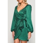 STYLE STATE Satin Emerald Dress with Wrap Front Tie Detail