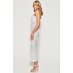 STYLE STATE Strapless Sequin Silver Midi Dress with Side Pleat Details