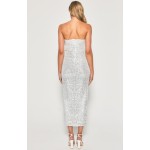 STYLE STATE Strapless Sequin Silver Midi Dress with Side Pleat Details