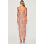 STYLE STATE Strapless Sequin Rose Gold Midi Dress with Side Pleat Details