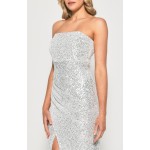 STYLE STATE Strapless Sequin Silver Midi Dress with Side Pleat Details