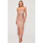 STYLE STATE Strapless Sequin Rose Gold Midi Dress with Side Pleat Details