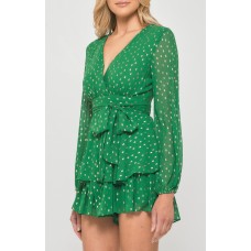 STYLE STATE Gold Foil Textured Jade Chiffon Playsuit with Ruffle Hem