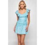 WINNIE & CO. Blue Geometric Print Pleat Front Dress with Frill Neckline