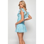 WINNIE & CO. Blue Geometric Print Pleat Front Dress with Frill Neckline