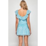 WINNIE & CO. Blue Geometric Print Pleat Front Dress with Frill Neckline