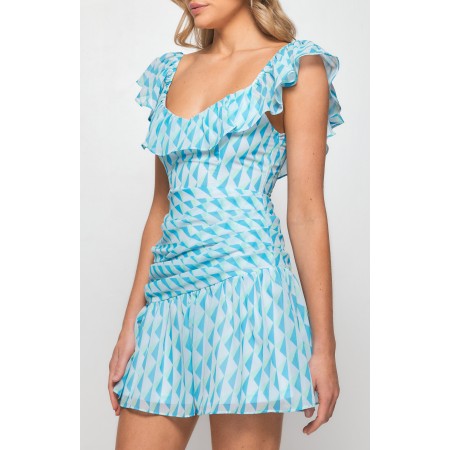 WINNIE & CO. Blue Geometric Print Pleat Front Dress with Frill Neckline