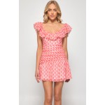 WINNIE & CO. Pink Geometric Print Pleat Front Dress with Frill Neckline 