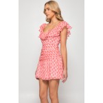 WINNIE & CO. Pink Geometric Print Pleat Front Dress with Frill Neckline 