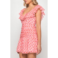 WINNIE & CO. Pink Geometric Print Pleat Front Dress with Frill Neckline 